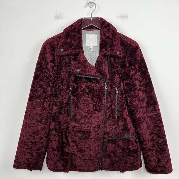 Avec Les Filles Faux Fur Moto Jacket Small Burgundy Full Zip Cozy Winter - Picture 2 of 11